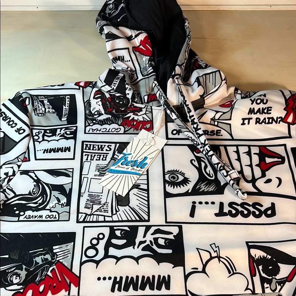 NWT Fresh Graphic Comic Hoodie - Black, White, Red Vintage Sz S